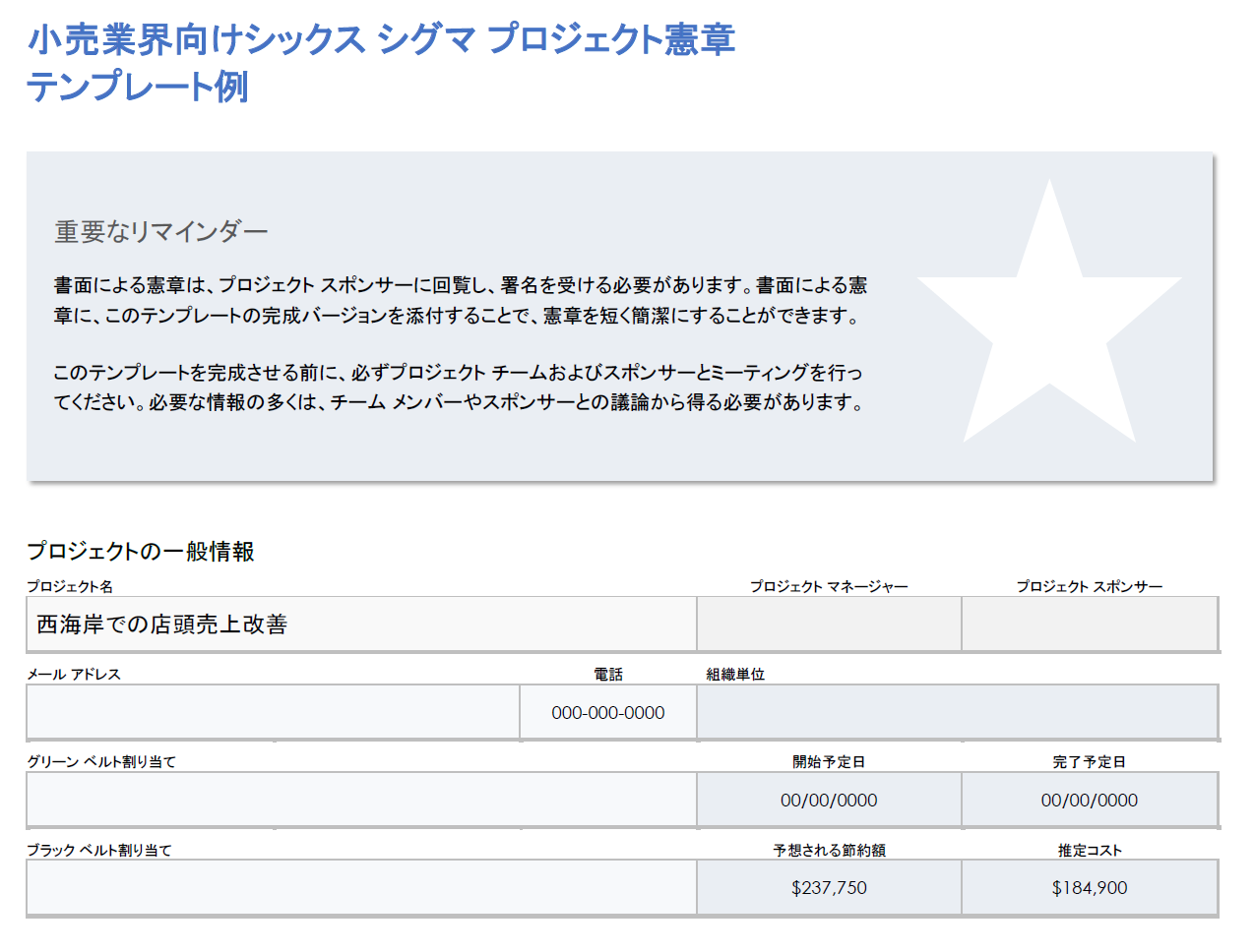 小売シックスシグマプロジェクト憲章の例