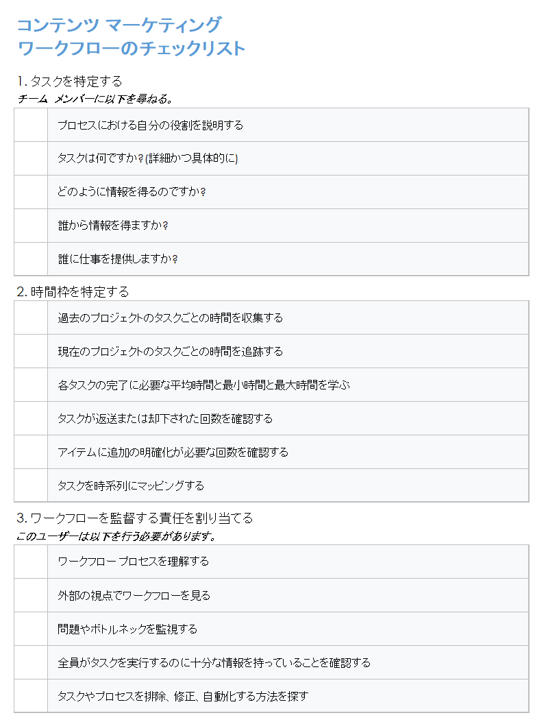 コンテンツ マーケティング ワークフロー チェックリスト テンプレート